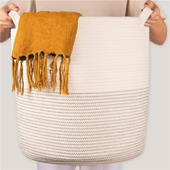 Cotton Rope Woven Storage Basket - 18” x 16” Tall Decorative Cotton Rope Basket - Picture 2 of 7